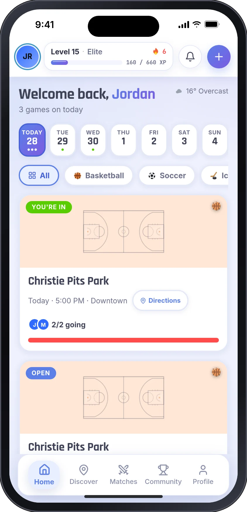 Home screen showing today's games at Christie Pits and Trinity Bellwoods