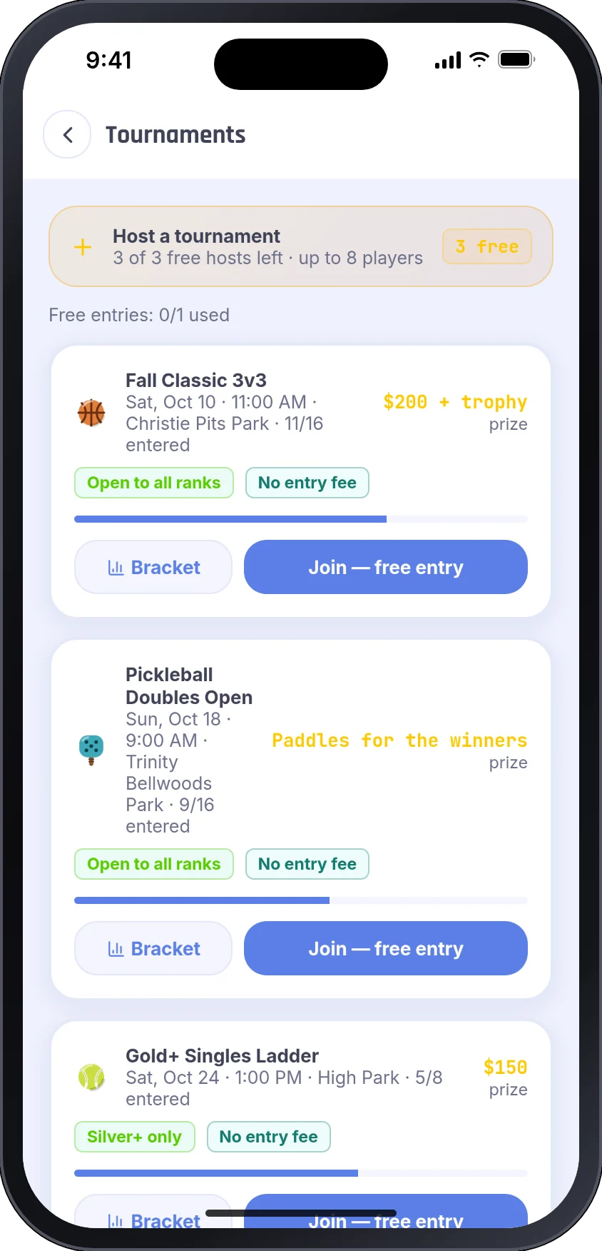 Tournaments list with local events