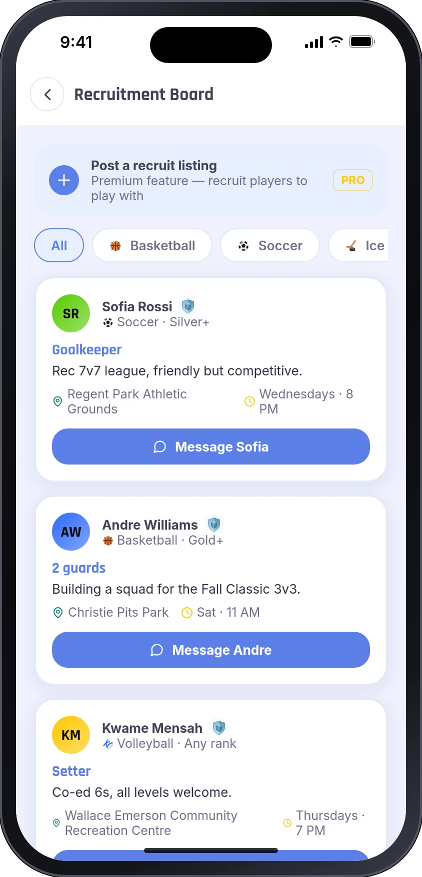 Recruitment board with team listings