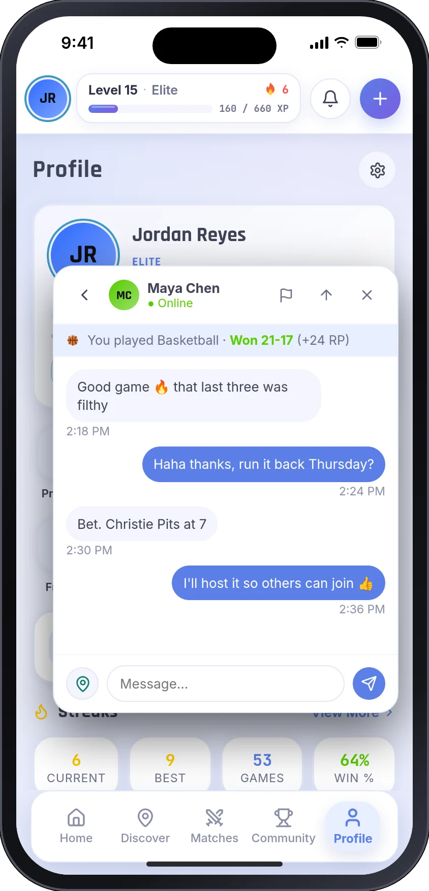 Chat conversation arranging a rematch